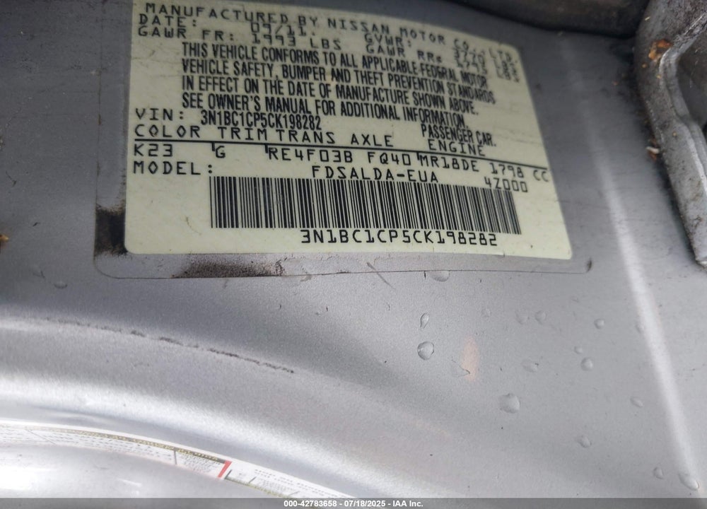 2012 NISSAN VERSA VIN: 3N1BC1CP5CK198282