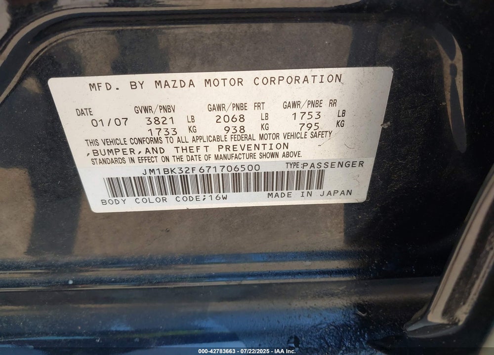 2007 MAZDA 3 I VIN: JM1BK32F671706500
