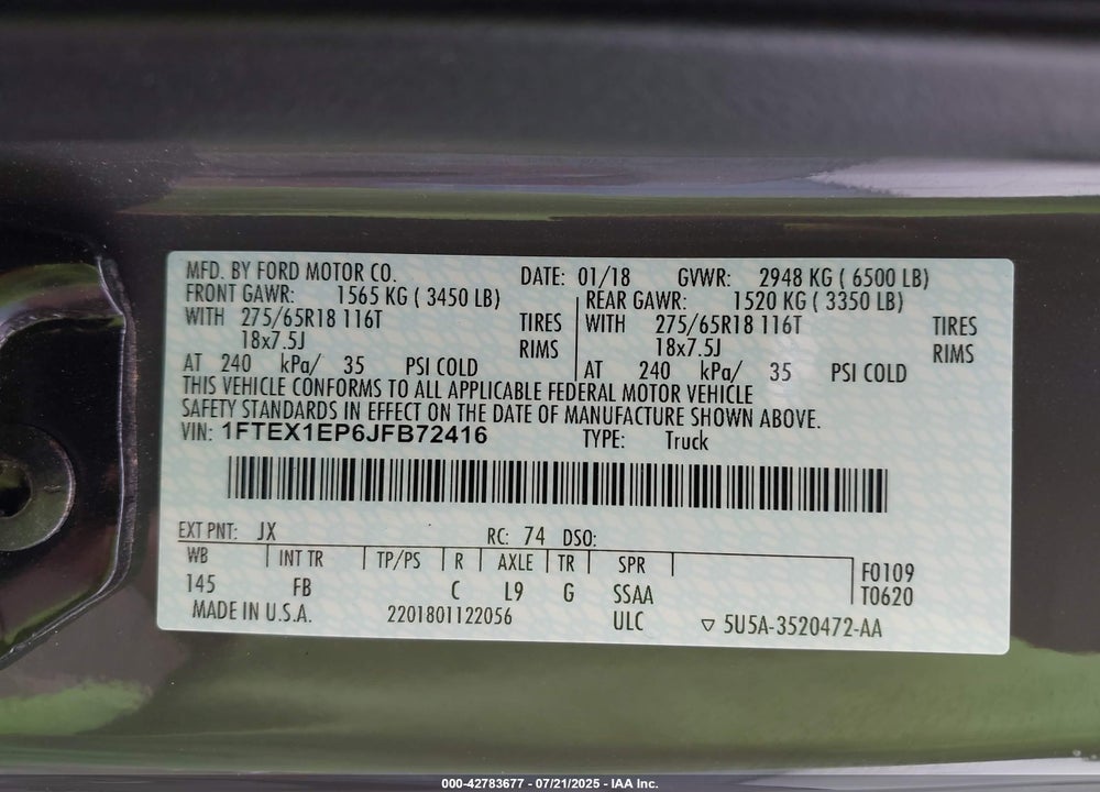 2018 FORD F-150 VIN: 1FTEX1EP6JFB72416