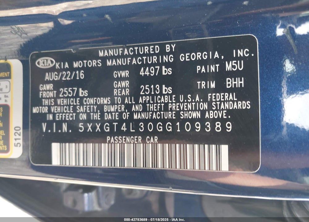 2016 KIA OPTIMA VIN: 5XXGT4L30GG109389