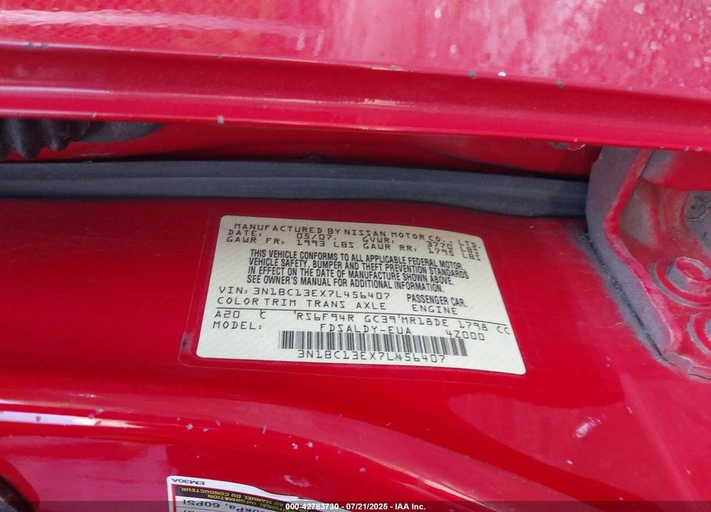 2007 NISSAN VERSA VIN: 3N1BC13EX7L456407