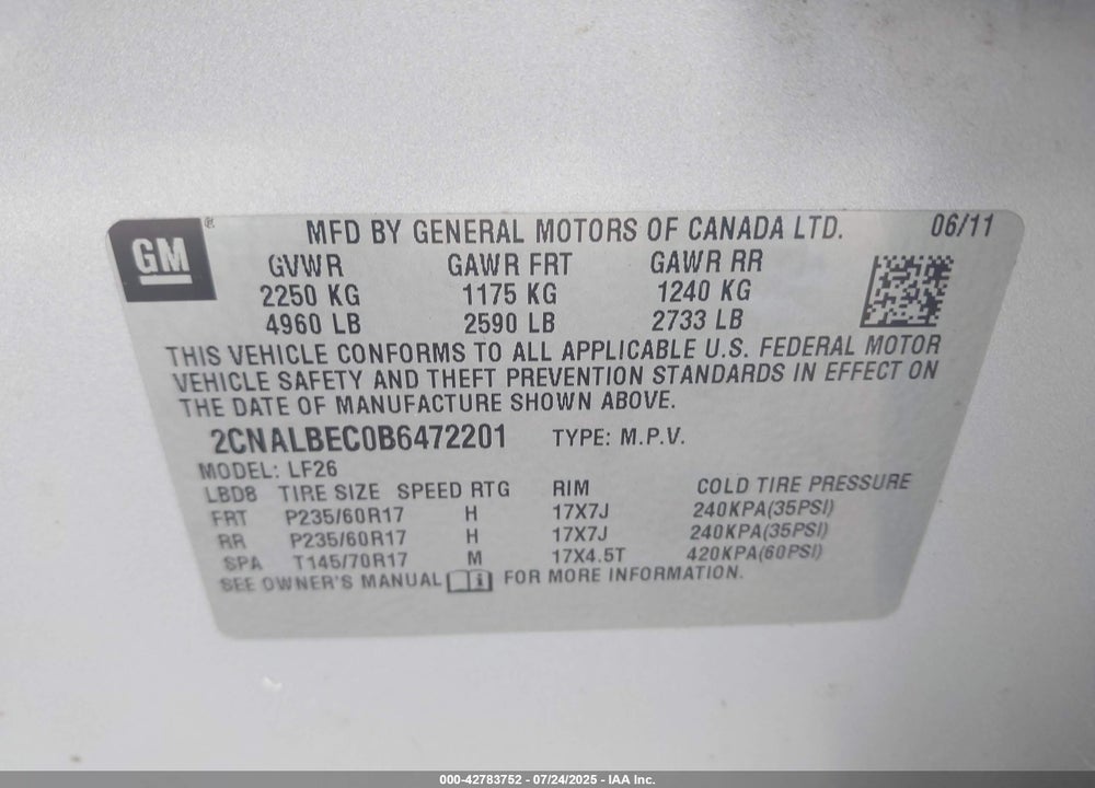 2011 CHEVROLET EQUINOX VIN: 2CNALBEC0B6472201