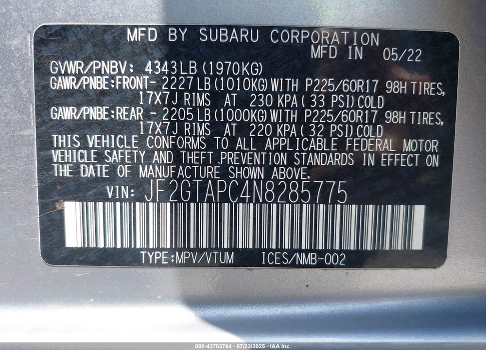 2022 SUBARU CROSSTREK VIN: JF2GTAPC4N8285775