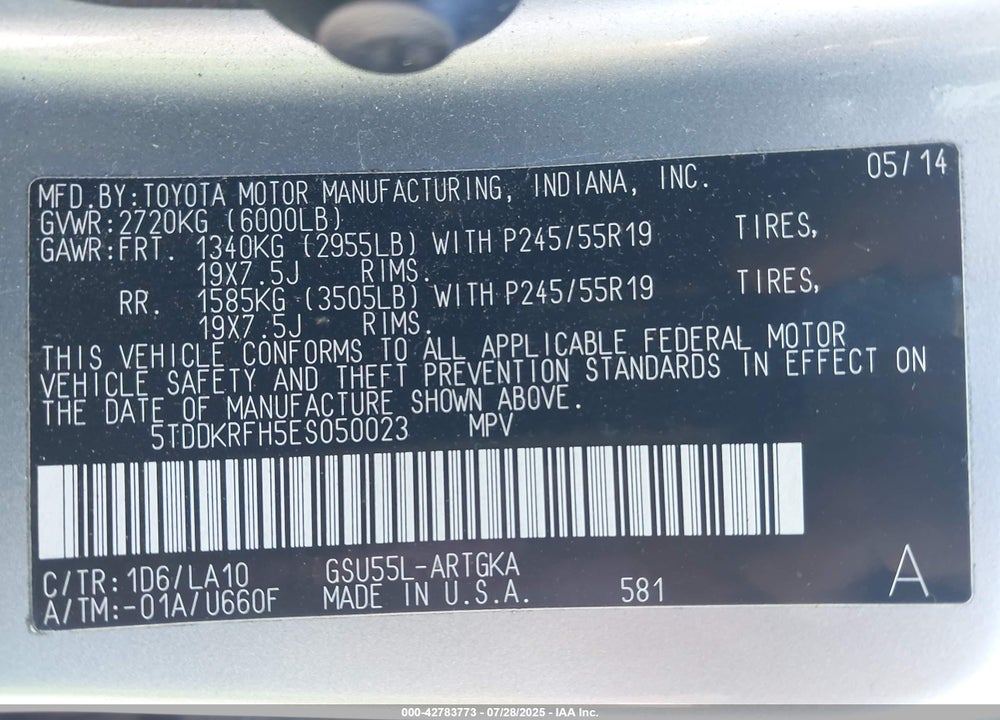2014 TOYOTA HIGHLANDER VIN: 5TDDKRFH5ES050023