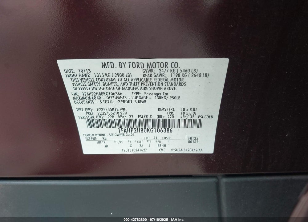 2019 FORD TAURUS VIN: 1FAHP2H80KG106386