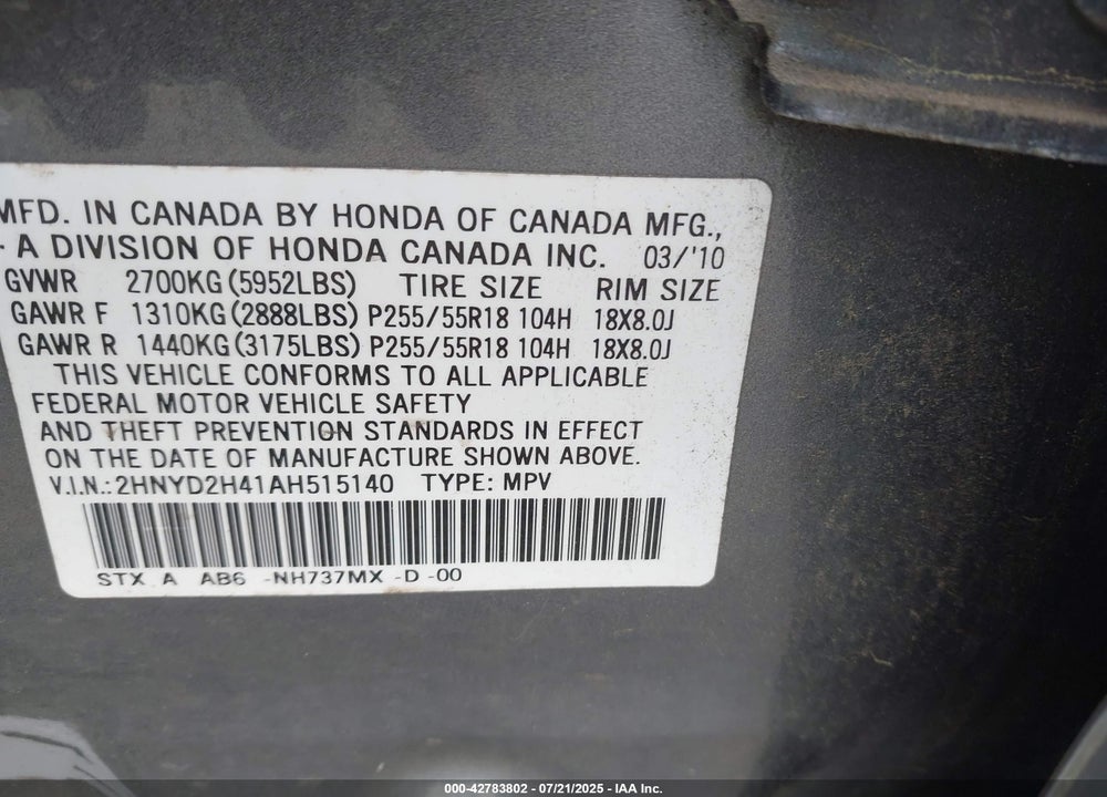 2010 ACURA MDX VIN: 2HNYD2H41AH515140