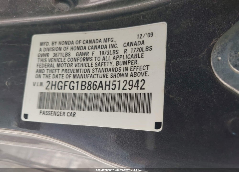 2010 HONDA CIVIC VIN: 2HGFG1B86AH512942