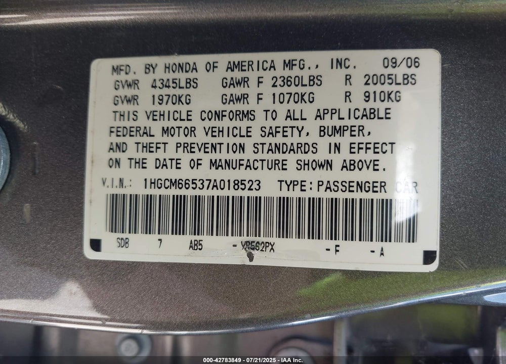 2007 HONDA ACCORD VIN: 1HGCM66537A018523