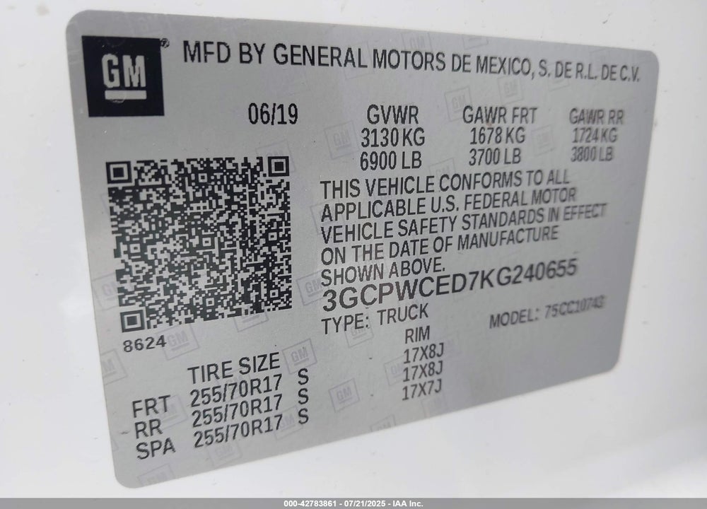 2019 CHEVROLET SILVERADO 1500 VIN: 3GCPWCED7KG240655