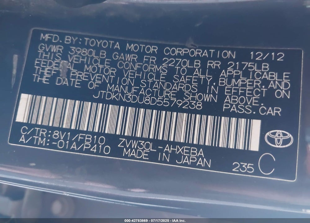 2013 TOYOTA PRIUS VIN: JTDKN3DU8D5579238