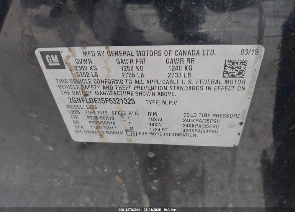 2015 CHEVROLET EQUINOX VIN: 2GNFLDE35F6321325