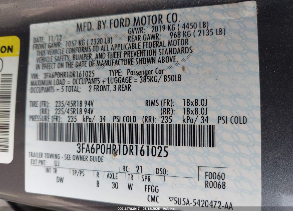 2013 FORD FUSION SE VIN: 3FA6P0HR1DR161025
