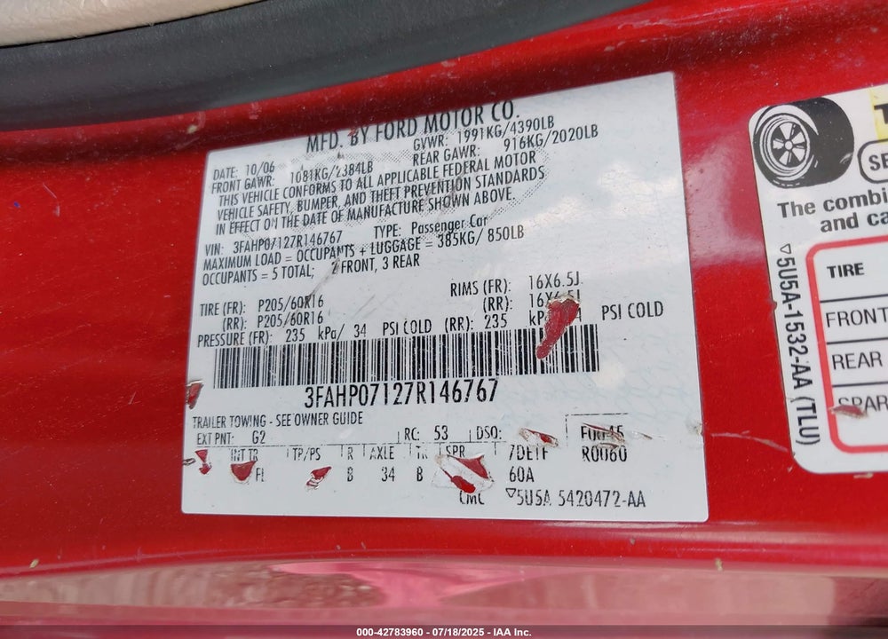 2007 FORD FUSION SE VIN: 3FAHP07127R146767