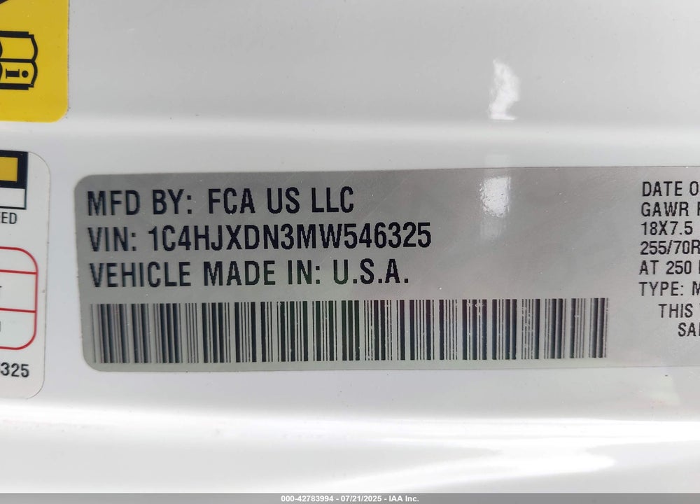 2021 JEEP WRANGLER UNLIMITED VIN: 1C4HJXDN3MW546325