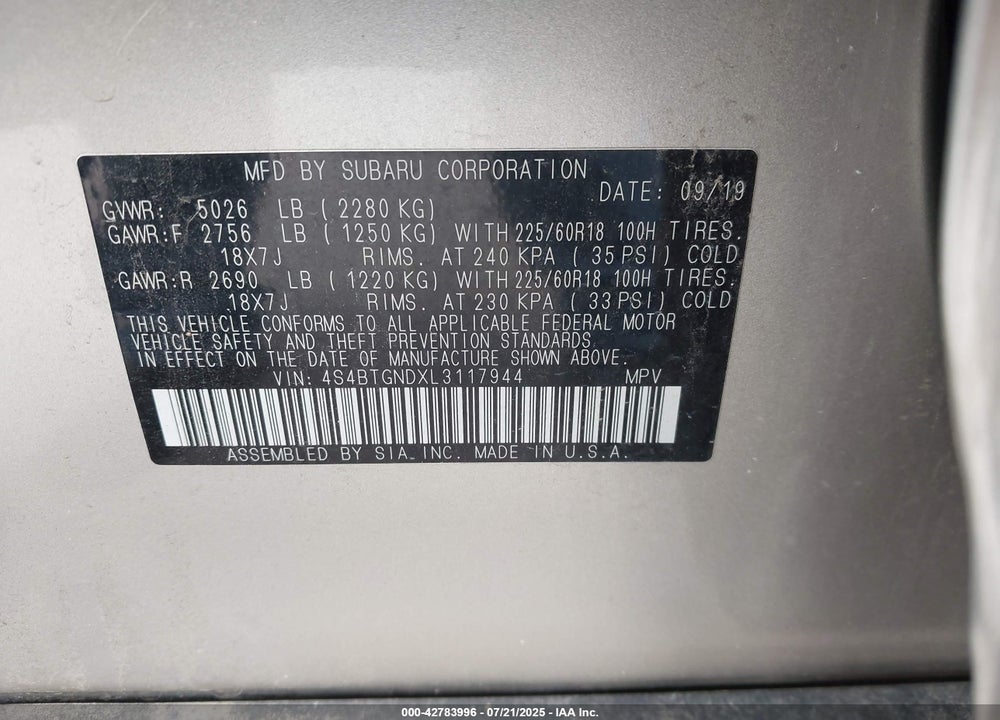 2020 SUBARU OUTBACK VIN: 4S4BTGNDXL3117944