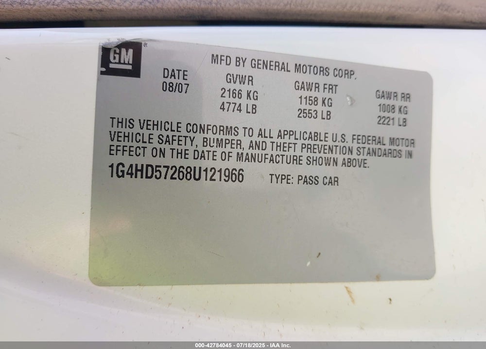 2008 BUICK LUCERNE VIN: 1G4HD57268U121966