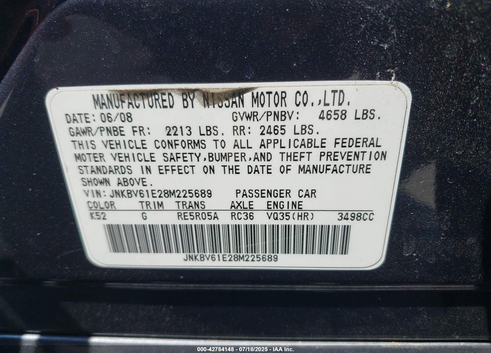 2008 INFINITI G35 JOURNEY VIN: JNKBV61E28M225689
