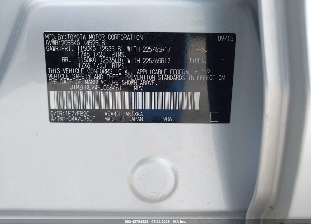 2015 TOYOTA RAV4 VIN: JTMZFREV4FJ056461
