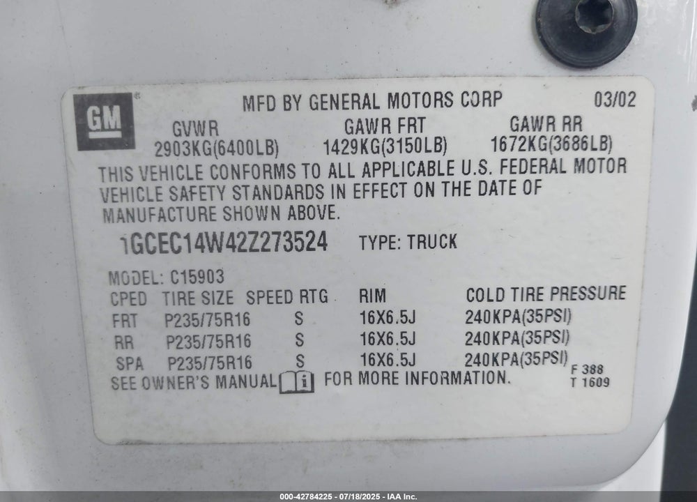 2002 CHEVROLET SILVERADO 1500 VIN: 1GCEC14W42Z273524