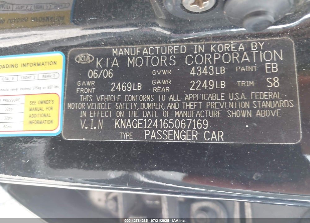 2006 KIA OPTIMA EX V6 (NEW)/LX V6 (NEW) VIN: KNAGE124165067169