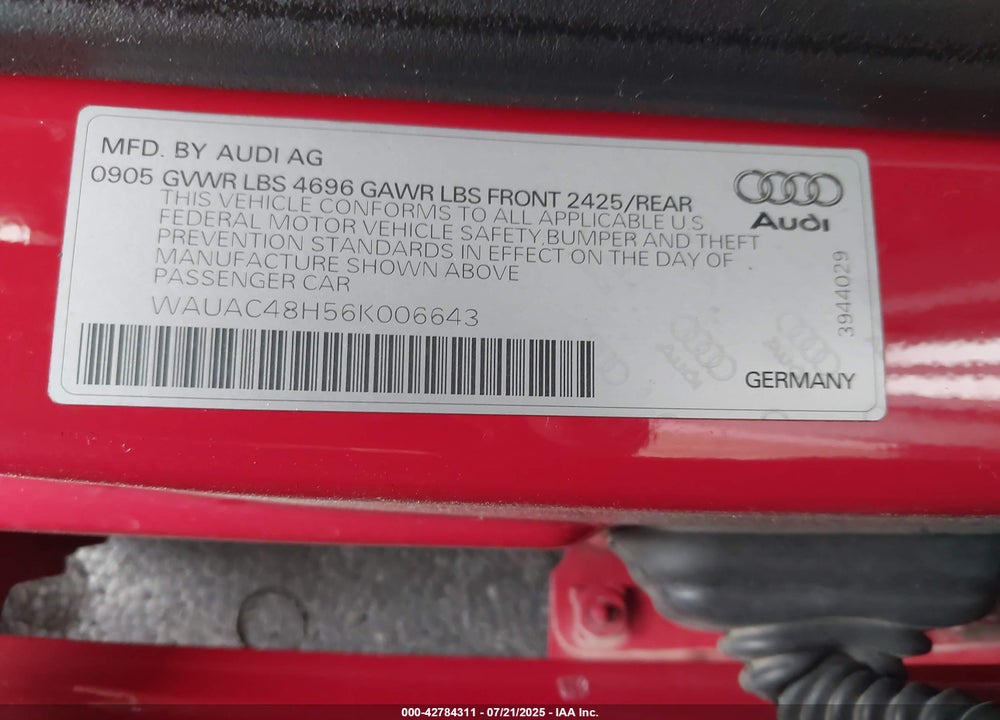 2006 AUDI A4 VIN: WAUAC48H56K006643