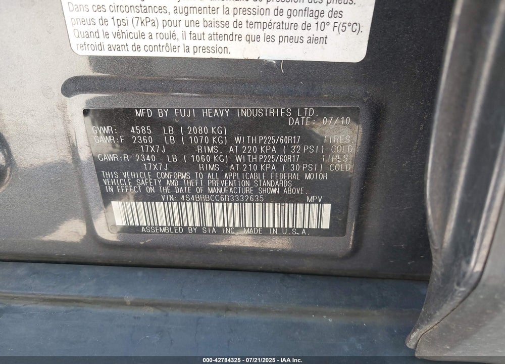 2011 SUBARU OUTBACK VIN: 4S4BRBCC6B3332635