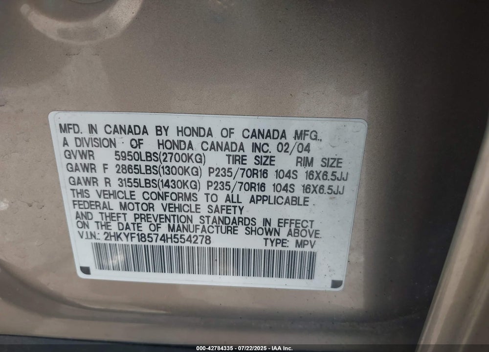 2004 HONDA PILOT EX-L VIN: 2HKYF18574H554278