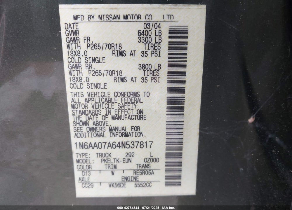 2004 NISSAN TITAN SE VIN: 1N6AA07A64N537817