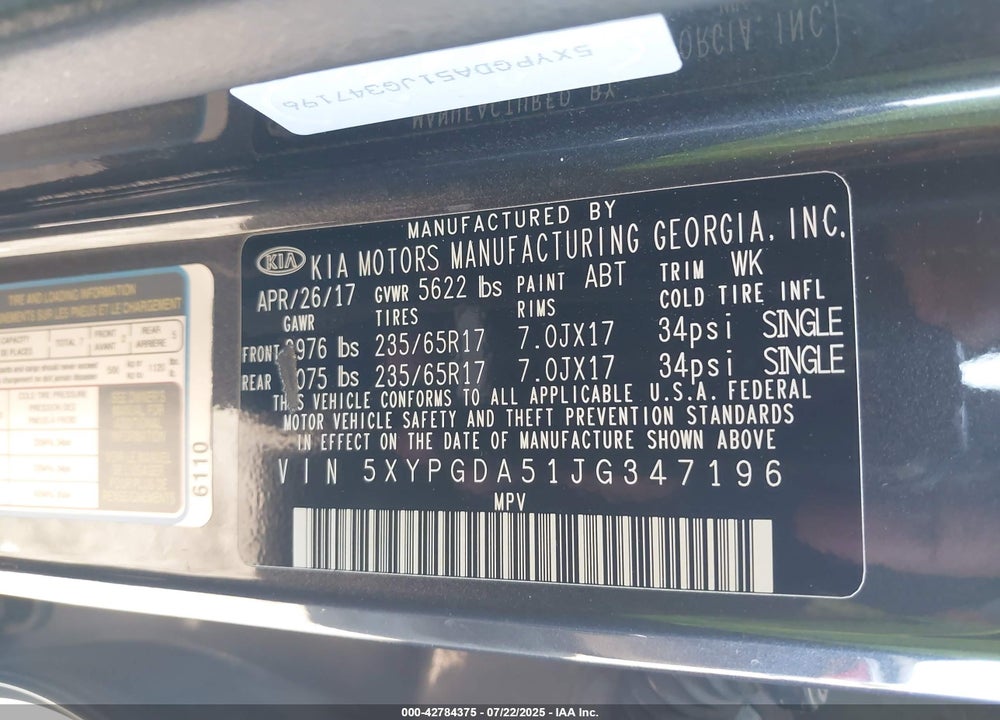 2018 KIA SORENTO VIN: 5XYPGDA51JG347196