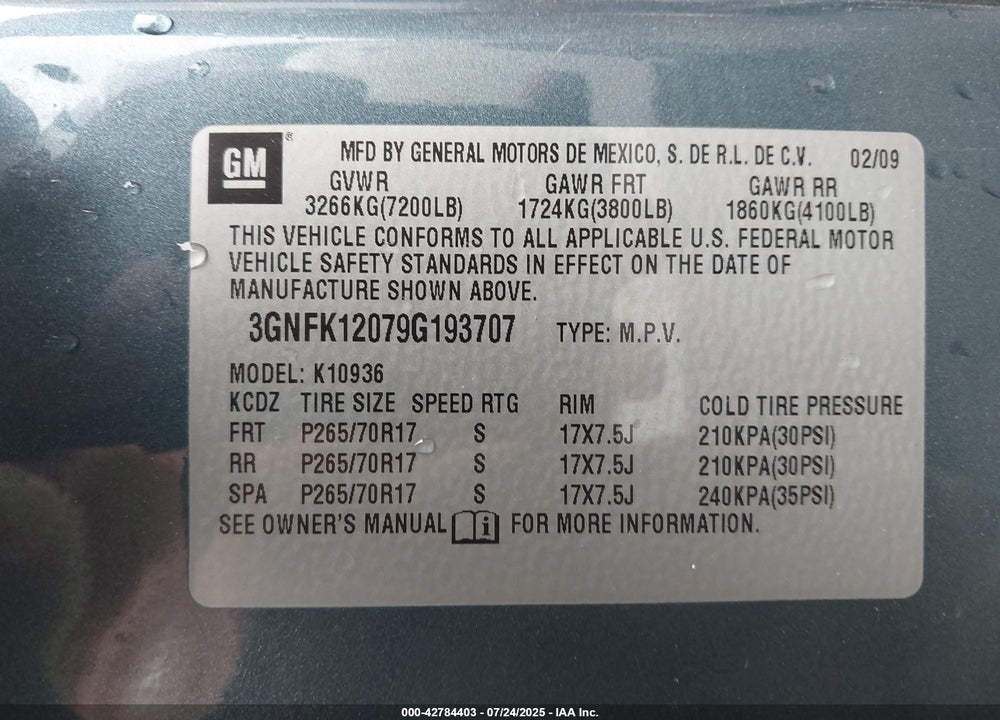 2009 CHEVROLET AVALANCHE VIN: 3GNFK12079G193707