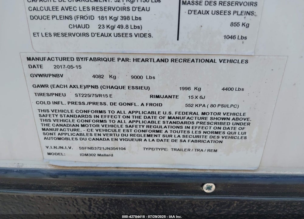 2018 HEARTLAND TRAVEL TRAILER VIN: 5SFNB3721JN354104