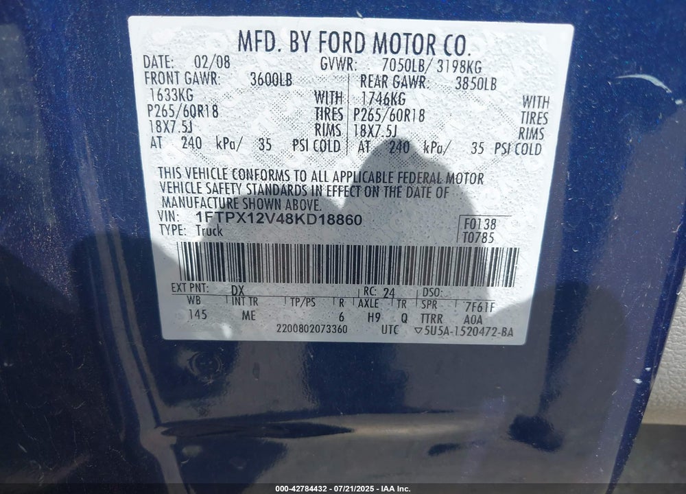 2008 FORD F-150 VIN: 1FTPX12V48KD18860