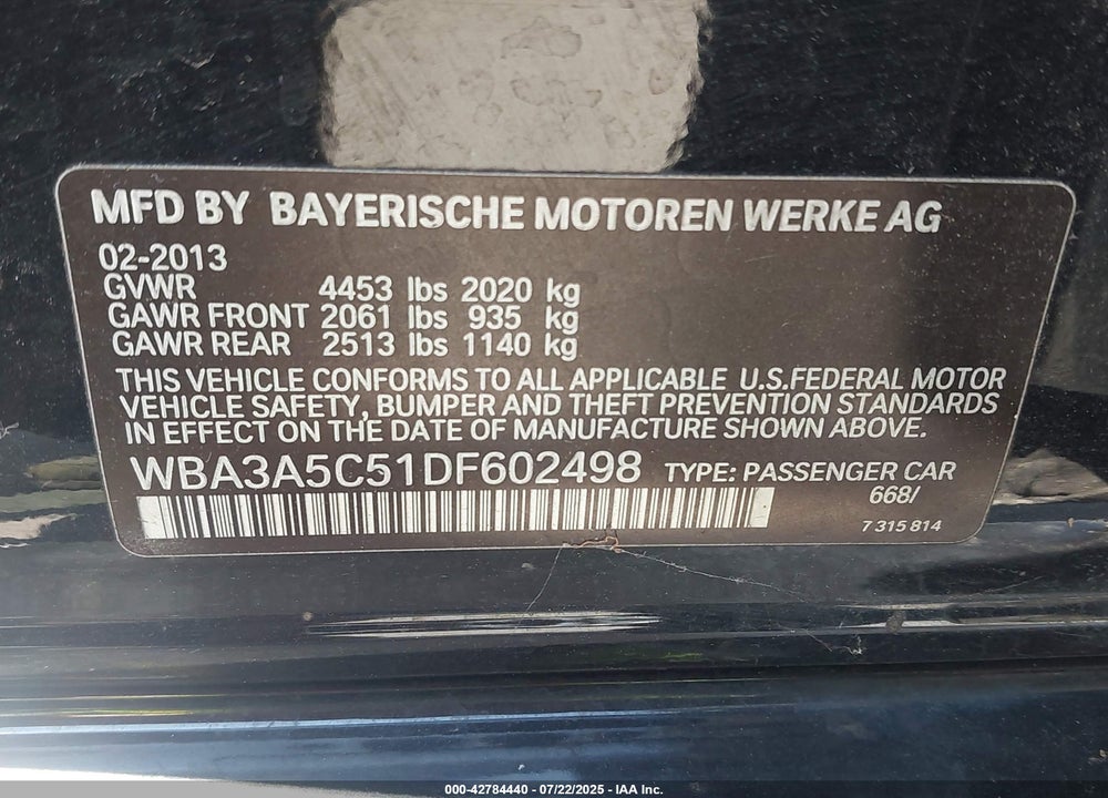 2013 BMW 3 SERIES VIN: WBA3A5C51DF602498