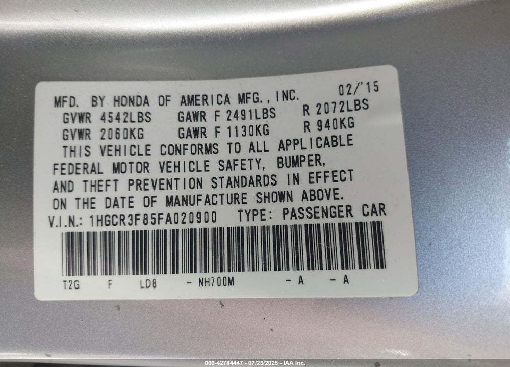 2015 HONDA ACCORD EX-L V-6 VIN: 1HGCR3F85FA020900