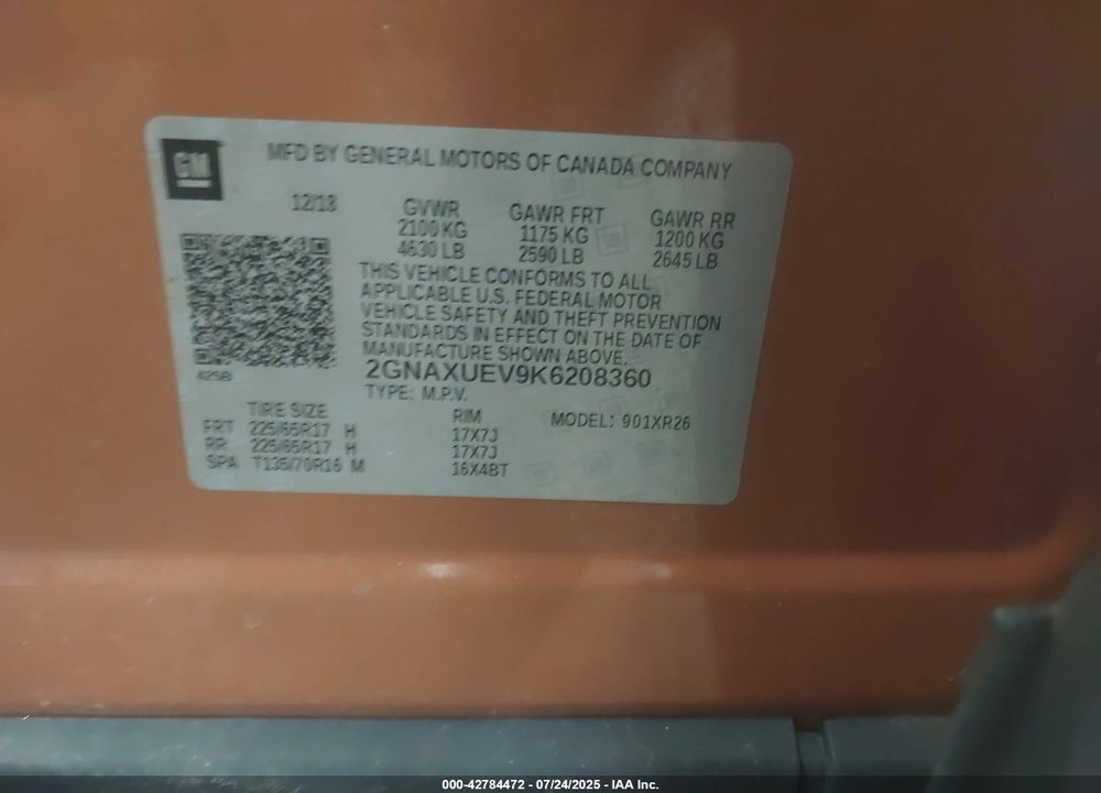 2019 CHEVROLET EQUINOX VIN: 2GNAXUEV9K6208360