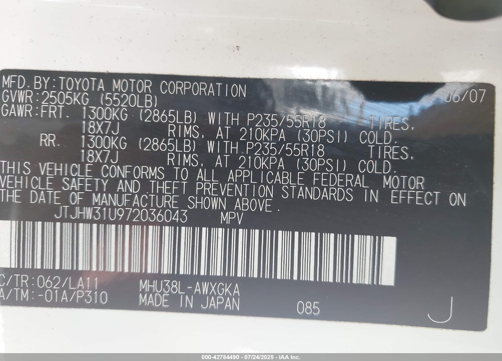 2007 LEXUS RX 400H VIN: JTJHW31U972036043