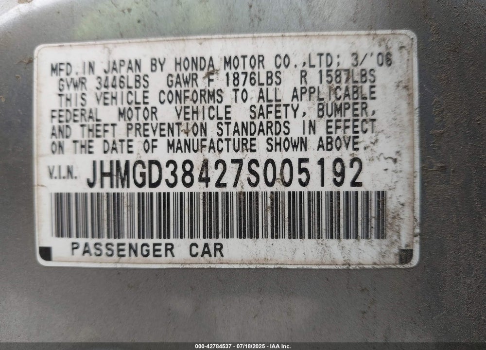 2007 HONDA FIT VIN: JHMGD38427S005192