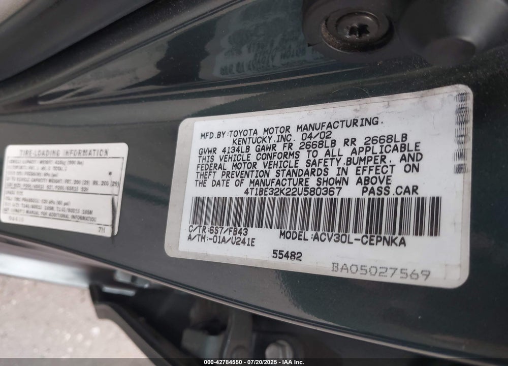 2002 TOYOTA CAMRY LE VIN: 4T1BE32K22U580367