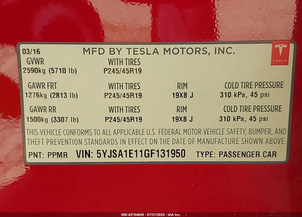 2016 TESLA MODEL S 60/70/75/85 VIN: 5YJSA1E11GF131950