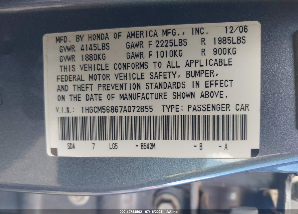 2007 HONDA ACCORD VIN: 1HGCM56867A072855
