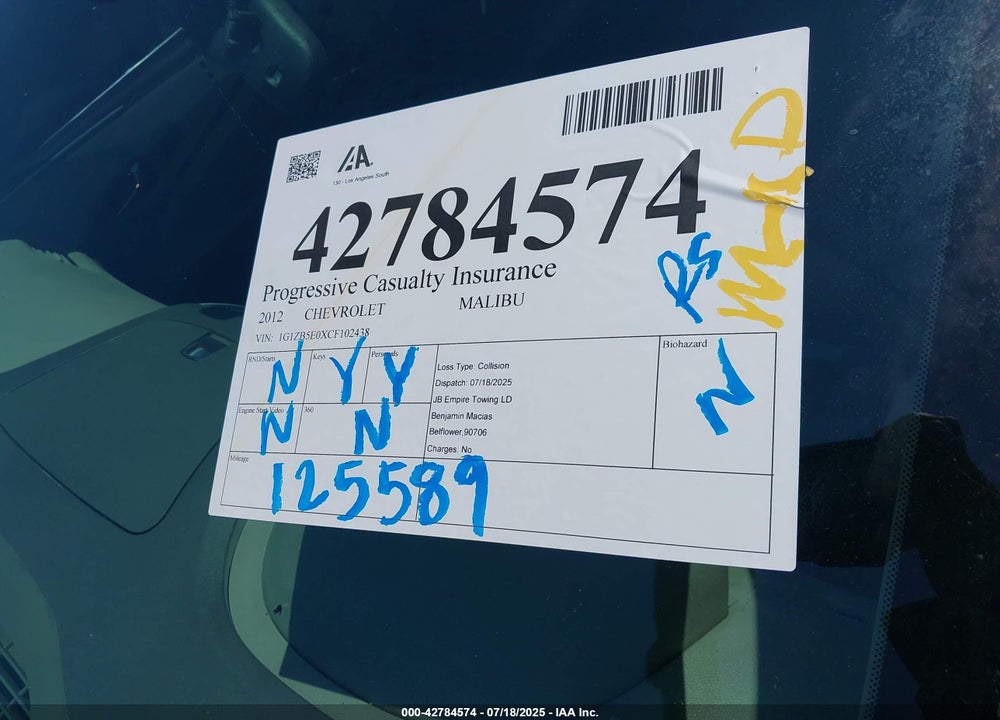 2012 CHEVROLET MALIBU VIN: 1G1ZB5E0XCF102438