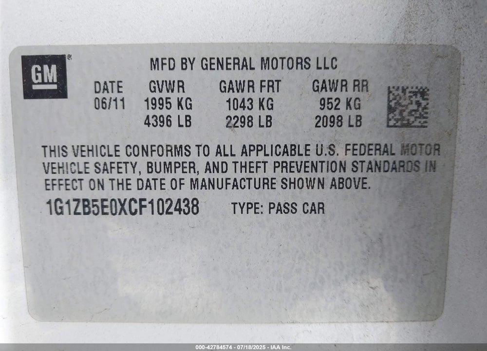 2012 CHEVROLET MALIBU VIN: 1G1ZB5E0XCF102438