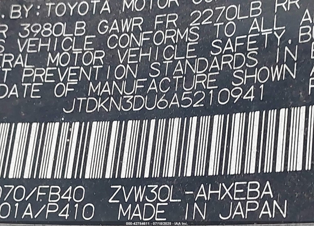 2010 TOYOTA PRIUS VIN: JTDKN3DU6A5210941