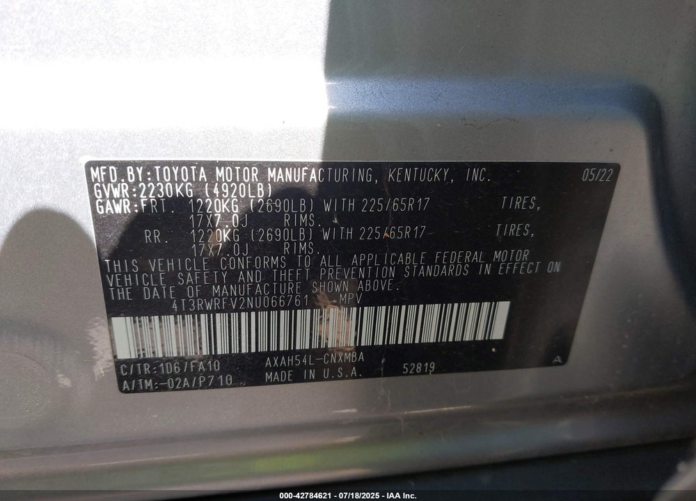 2022 TOYOTA RAV4 HYBRID VIN: 4T3RWRFV2NU066761