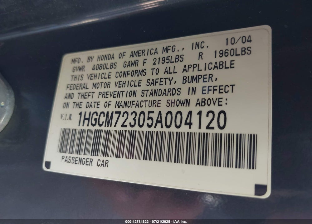 2005 HONDA ACCORD VIN: 1HGCM72305A004120