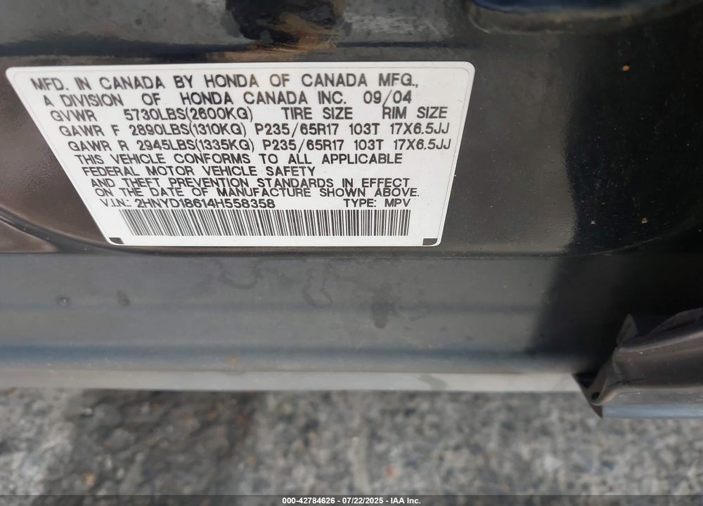2004 ACURA MDX VIN: 2HNYD18614H558358