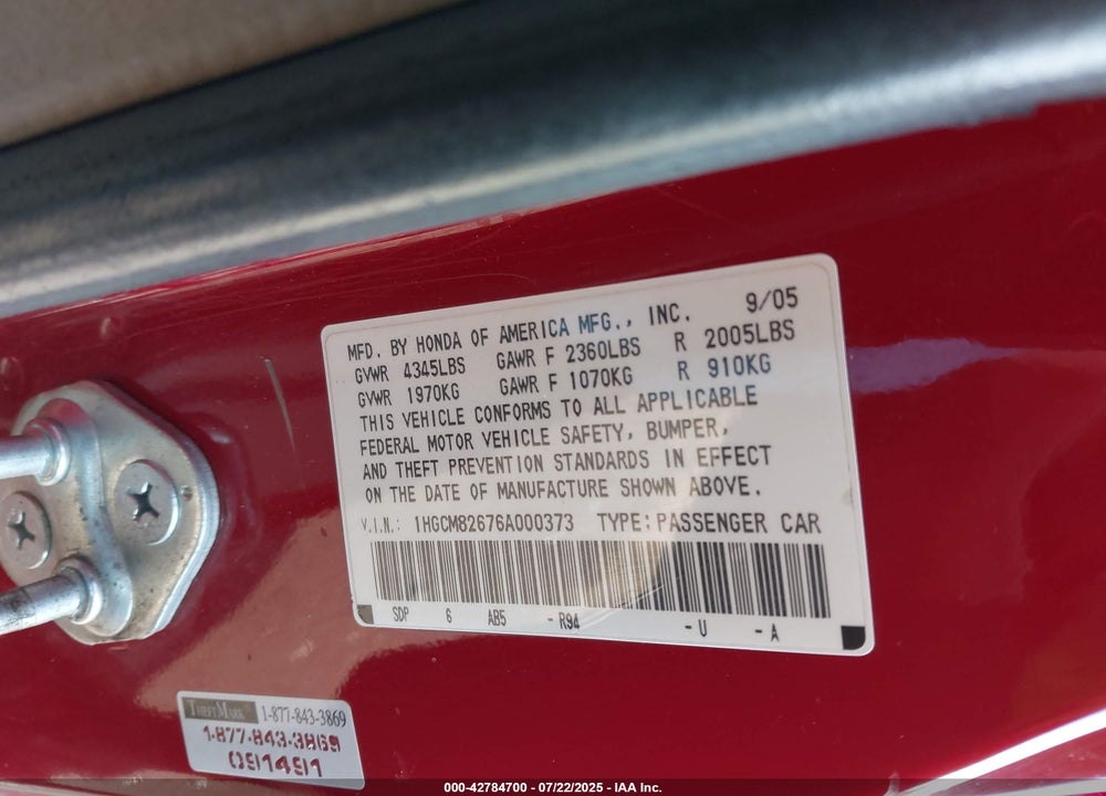 2006 HONDA ACCORD VIN: 1HGCM82676A000373