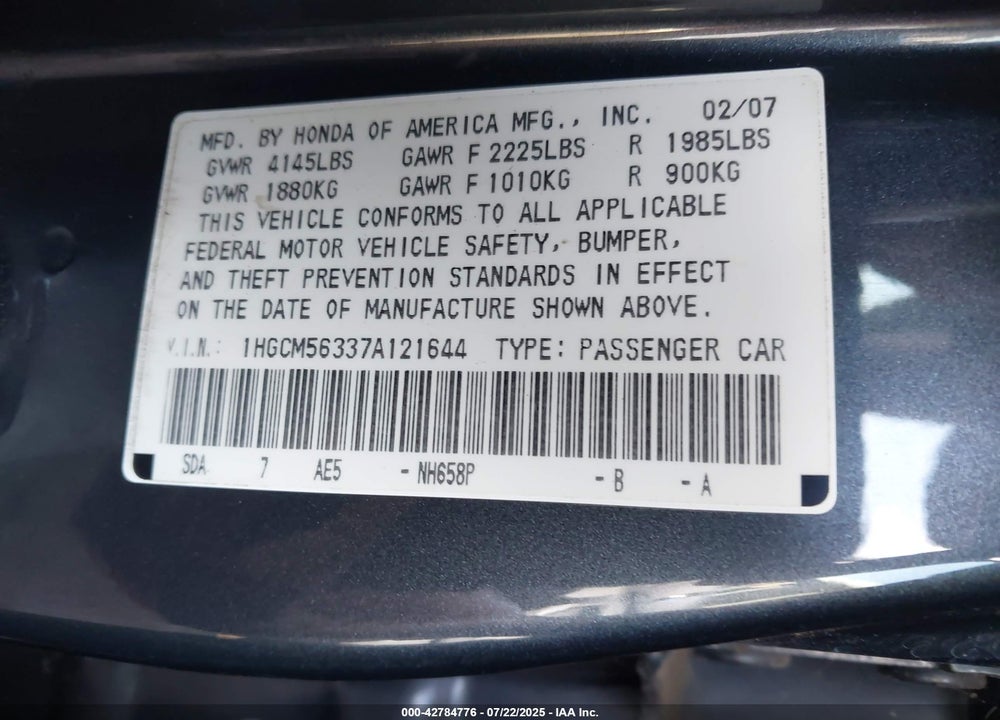 2007 HONDA ACCORD VIN: 1HGCM56337A121644