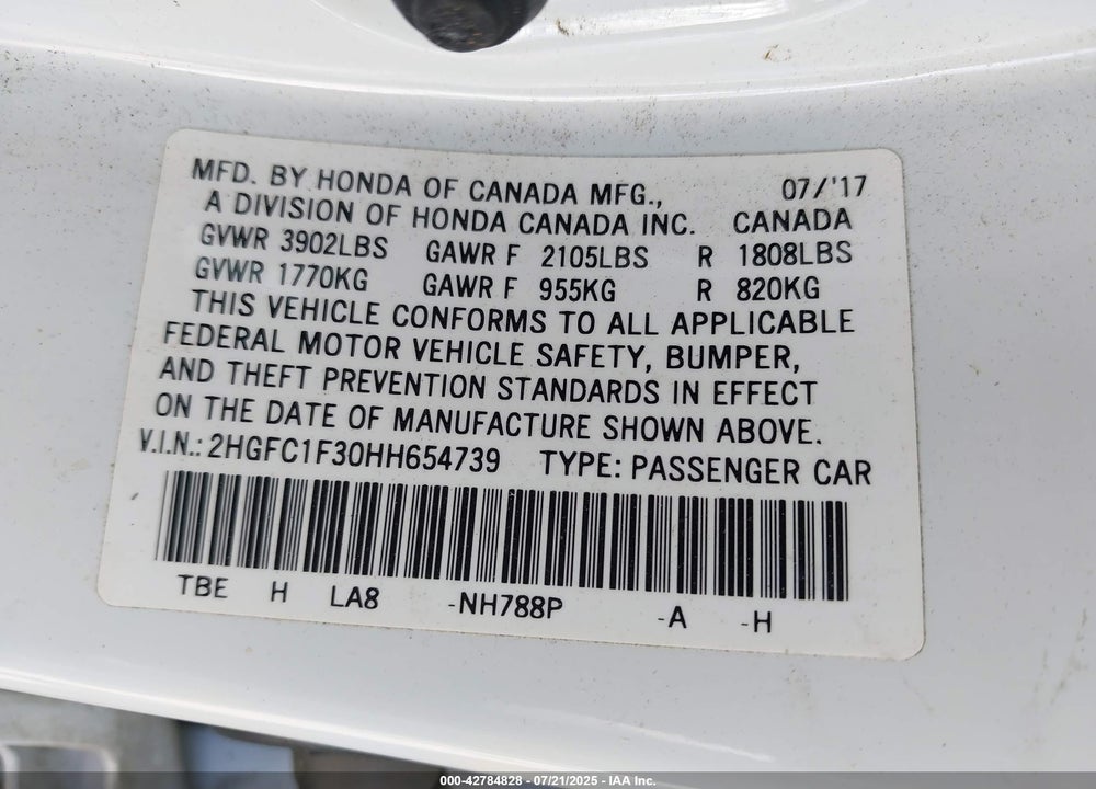 2017 HONDA CIVIC VIN: 2HGFC1F30HH654739