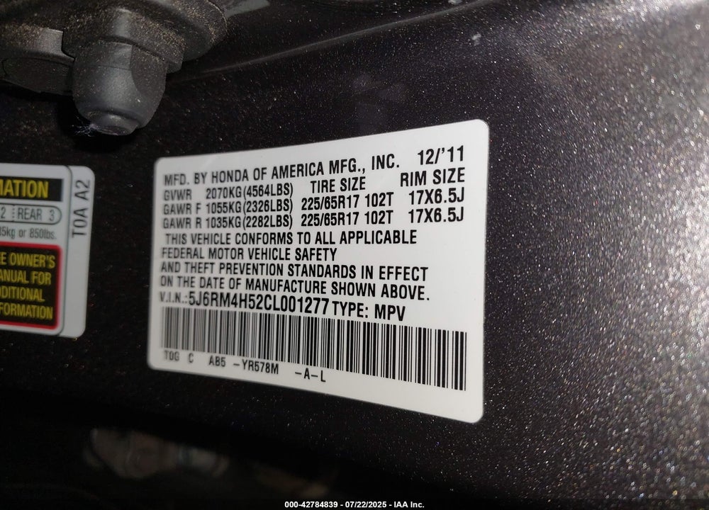2012 HONDA CR-V VIN: 5J6RM4H52CL001277